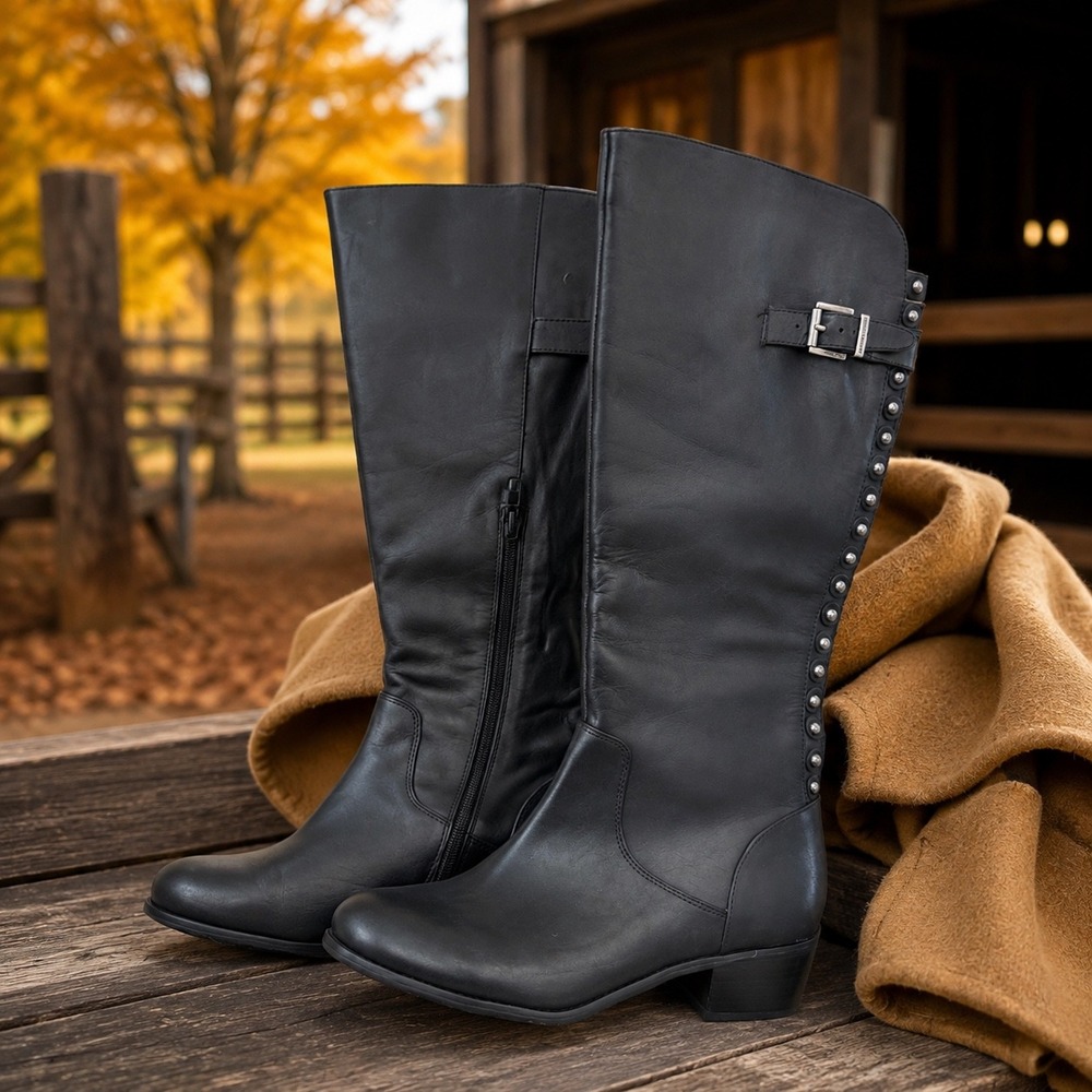 Arturo Chiang Billie 2 Black Leather Studded Riding Boots 8.5 Y2K Moto